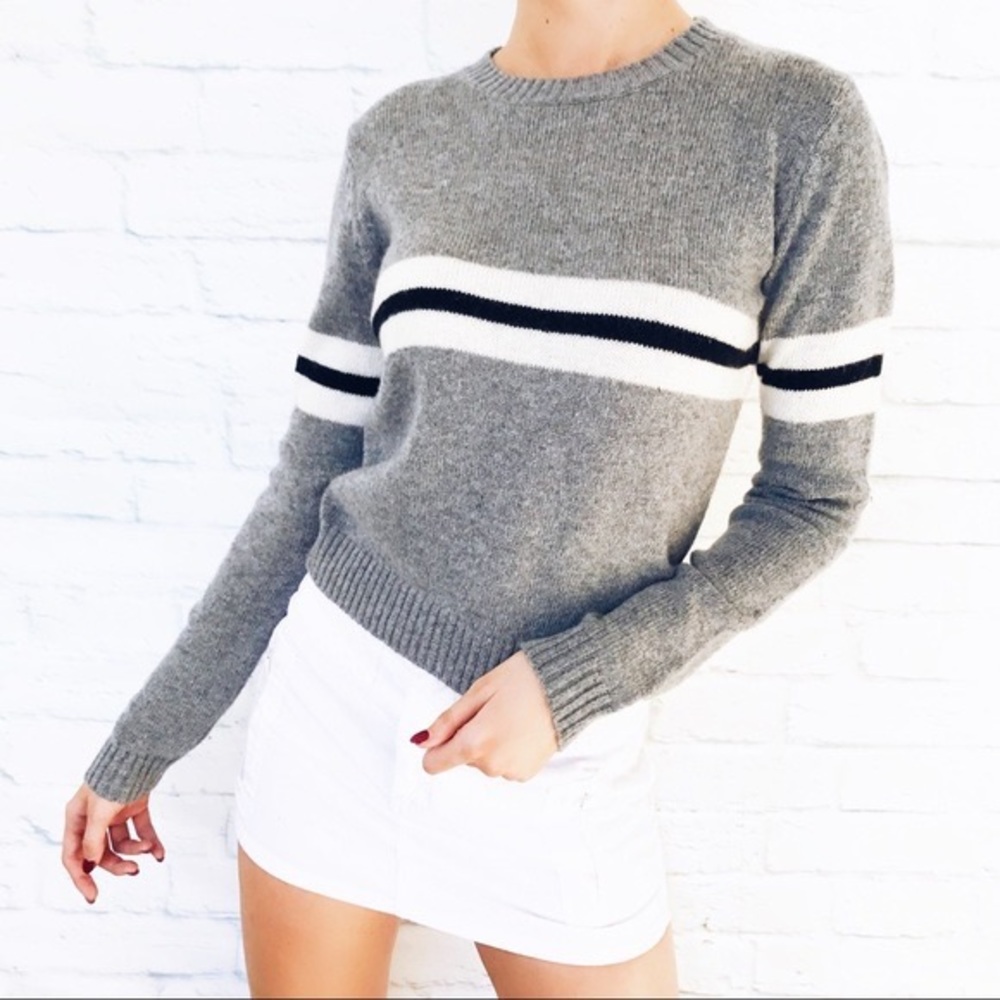 Brandy Melville Grey Top Sweater with black & white stripes - One Size